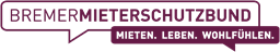 Logo des Bremer Mieterschutzbundes mit Text in Sprechblasenform. Oben: „BREMER MIETERSCHUTZBUND“, unten: „MIETEN. LEBEN. WOHLFÜHLEN.“ Text und Umrisse sind in dunklem Lila auf einem transparenten Hintergrund.