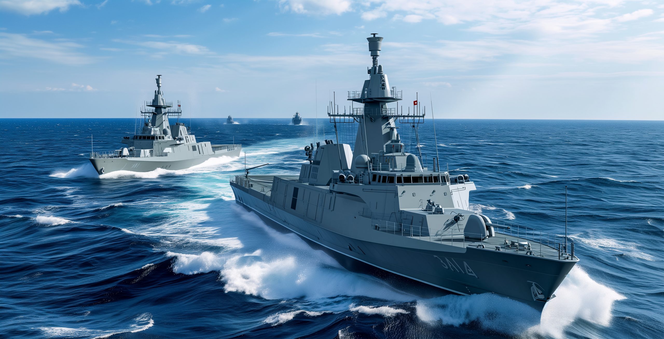 Zwei Militärschiffe segeln in Formation auf einem weiten blauen Ozean unter einem teilweise bewölkten Himmel. Die Schiffe sind grau, mit großen Radartürmen und anderer Ausrüstung ausgestattet. Sie schneiden mit hoher Geschwindigkeit durch das Wasser und hinterlassen weiße Kielwasserspuren.